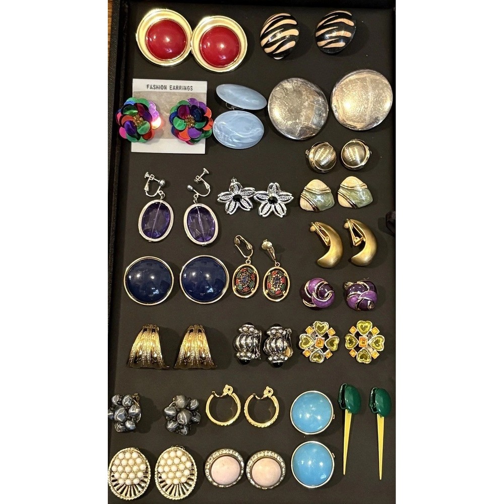 Vintage Clip On Earrings Lot 22 Pairs Rhinestone Faux Pearl Enamel